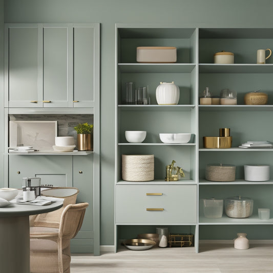 An organized room with a mix of open shelving, cabinets, and drawers in a calming color palette, showcasing a seamless blend of form and function, with a few minimalist decorative pieces.