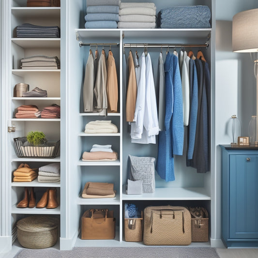 A serene, well-organized closet interior with a few select, neatly arranged long items like a vacuum cleaner, a folding ladder, and a few garments on sturdy shelves and hooks.