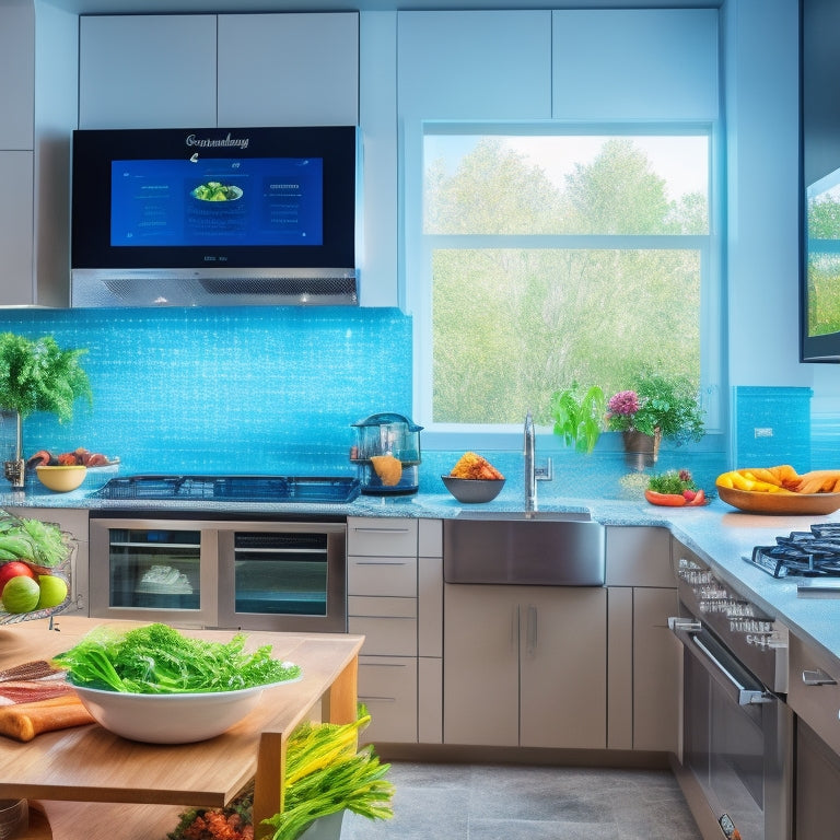 A modern kitchen with sleek countertops, smart appliances, and a large touchscreen display on the wall, showing a recipe and virtual cooking assistant, amidst a clutter-free and organized cooking space.