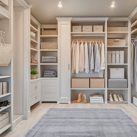 A serene, well-lit master closet with creamy white walls, warm wooden shelves, and a plush, gray area rug, featuring a stylish, floor-to-ceiling storage system with neatly organized clothing and accessories.