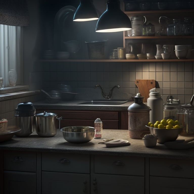 A dimly lit kitchen with cluttered countertops, a messy sink, and a faint outline of a cabinet's hidden compartment, slightly ajar, revealing a glimpse of dusty containers and forgotten utensils.