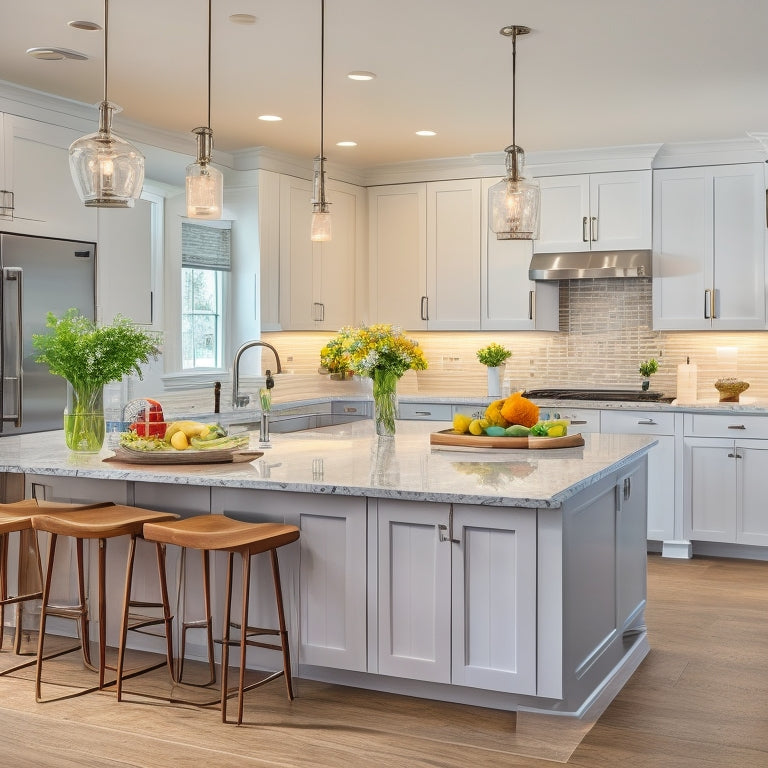 A bright, modern kitchen with white Shaker cabinets, quartz countertops, and stainless steel appliances, featuring a large center island with a built-in cooktop and pendant lighting above.