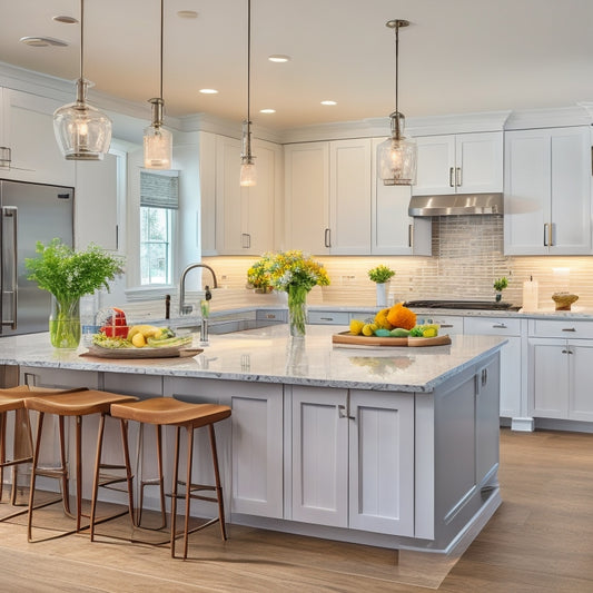 A bright, modern kitchen with white Shaker cabinets, quartz countertops, and stainless steel appliances, featuring a large center island with a built-in cooktop and pendant lighting above.