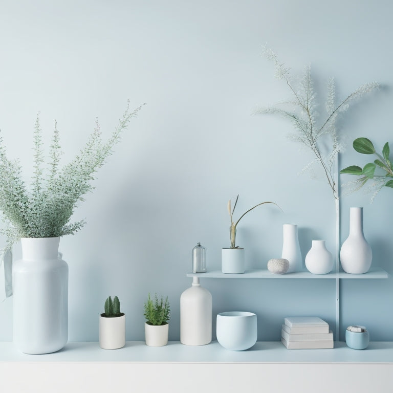 A serene, well-lit room with a minimalist aesthetic, featuring a few, carefully arranged Decluttercore Kits on a sleek, white shelf, against a soft, pastel blue background, with a few tasteful plants.