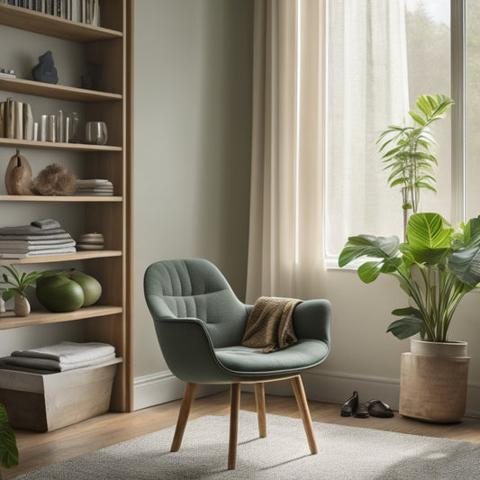 A serene, minimalist room with a few, carefully selected objects: a single, lush green plant, a small, tidy bookshelf, and a comfortable, cushioned chair, bathed in warm, natural light.