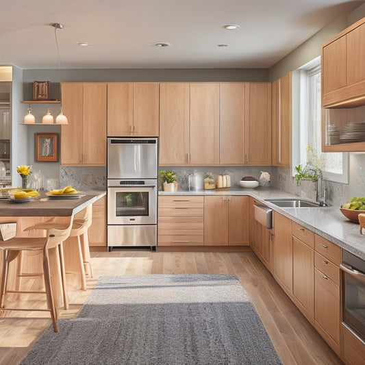 A modern kitchen with wheelchair-accessible lower cabinetry, pull-out shelves, and adjustable countertops, featuring a mix of light wood tones, stainless steel appliances, and soft, warm lighting.