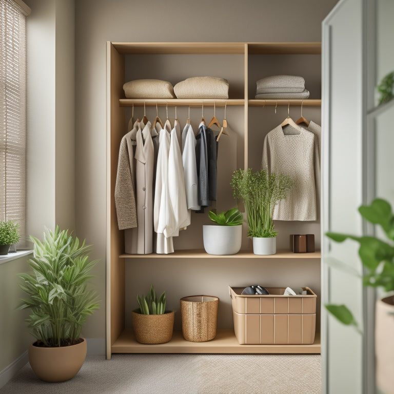 A minimalist closet interior with sleek, modular shelving, wooden hangers, and baskets in a calming color palette, illuminated by soft, warm lighting and a few strategically placed plants.