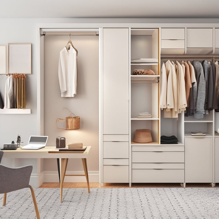 A minimalist, modern closet interior with sleek shelves, a clothes rail, and a built-in dresser, surrounded by a laptop and scattered design papers, with a subtle grid pattern in the background.