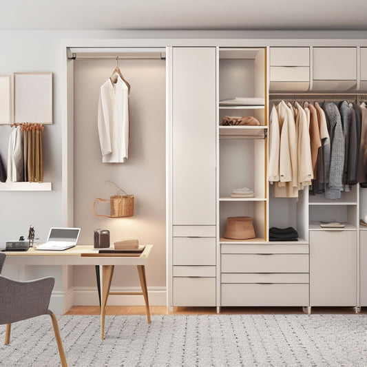A minimalist, modern closet interior with sleek shelves, a clothes rail, and a built-in dresser, surrounded by a laptop and scattered design papers, with a subtle grid pattern in the background.