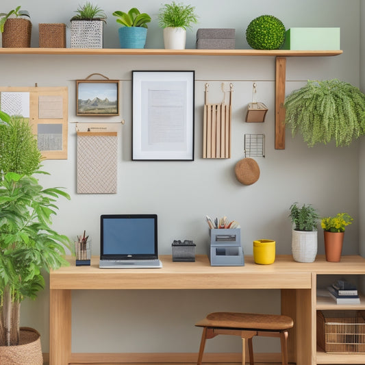 A tidy, minimalist home office with a wooden desk, a few potted plants, and a pegboard with organized hooks, baskets, and labels, set against a calming, light-gray background.