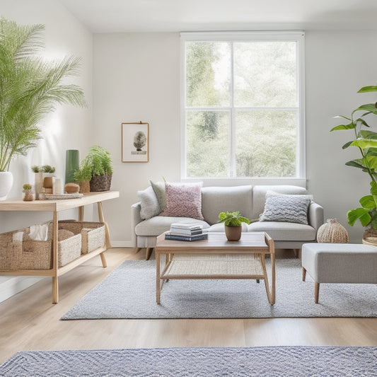 A bright, airy living room with a minimalist sectional sofa, a geometric-patterned rug, and a sleek, wooden storage console table with decorative baskets and greenery.