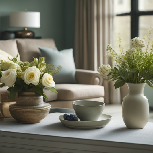 A serene, well-organized living room with a few, carefully selected decorative items, a vase with fresh flowers, and a subtle, natural color palette, evoking a sense of calm and relaxation.