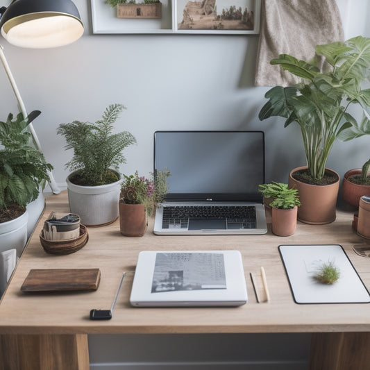 A tidy, minimalist workspace with a laptop, tablet, and smartphone displaying clutter-organizing apps, surrounded by labeled storage bins, a planner, and a few carefully arranged houseplants.
