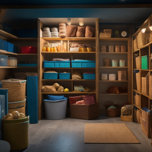 A dimly lit basement transformed into a bright, organized space featuring labeled storage bins, a slatwall with hooks and baskets, and a shelving unit with stacked containers and a few decorative items.