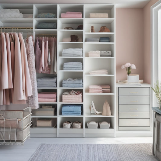 A serene, organized closet interior with pastel-colored bins, neatly hung clothes on double rods, and a minimalist shelving system, illuminated by soft, natural light filtering through a large window.