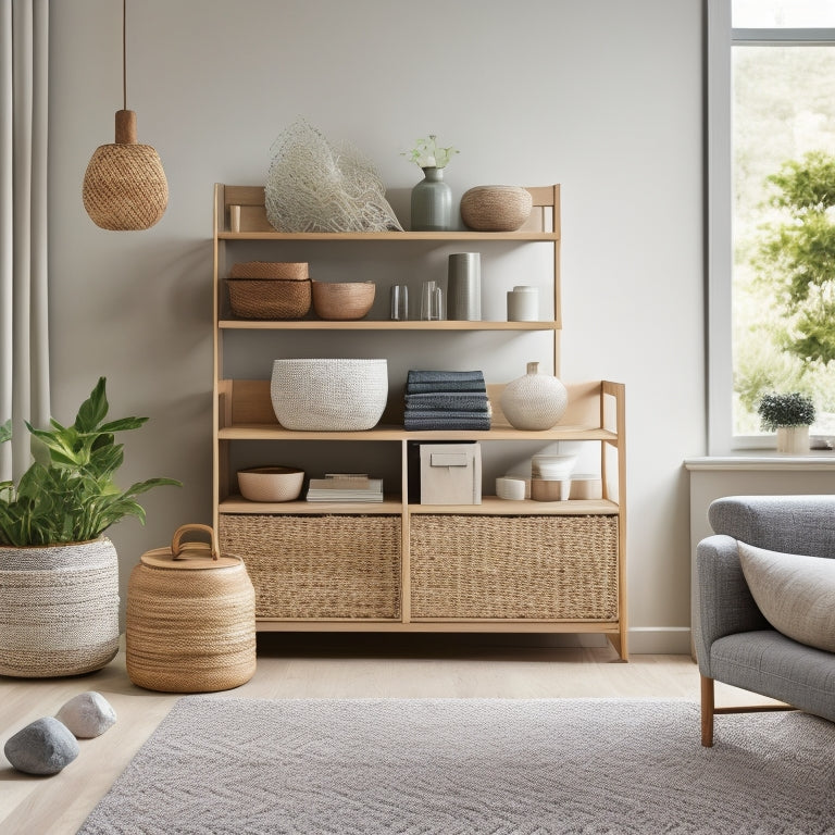 A tidy, modern living room with a minimalist aesthetic, featuring a few cleverly hidden storage compartments, a floating shelf, and a few stylish woven baskets, all in a calming color palette.