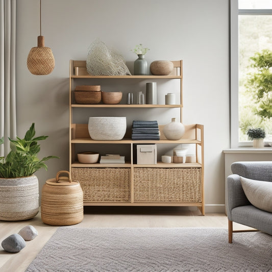 A tidy, modern living room with a minimalist aesthetic, featuring a few cleverly hidden storage compartments, a floating shelf, and a few stylish woven baskets, all in a calming color palette.