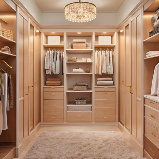 A luxurious walk-in closet with creamy white walls, rich wood flooring, and a custom shelving system featuring curved rods, cubbies, and drawers in a warm walnut finish, surrounded by soft, golden lighting.