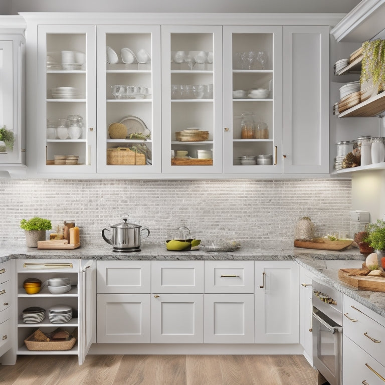 A bright, modern kitchen with sleek white cabinets, pull-out drawers, and adjustable shelves, showcasing organized cookware, utensils, and spices, with a few strategically placed decorative accents.