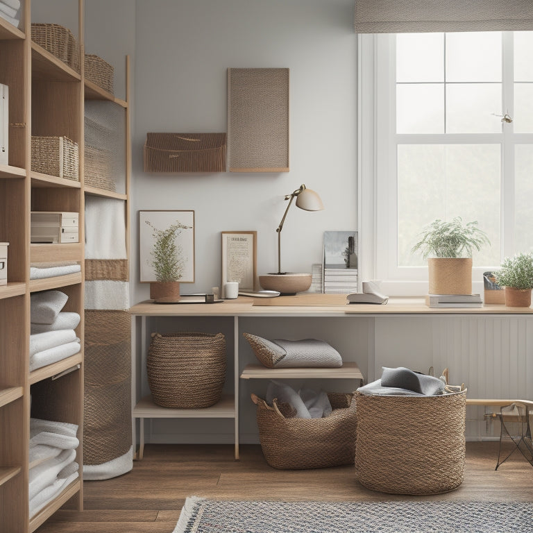 A tidy, minimalist room with a sorted bookshelf, a desk with a few, carefully arranged office supplies, and a woven basket containing a few, neatly folded clothes.