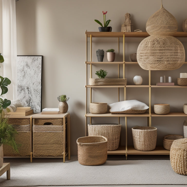 A serene, well-organized living room with a minimalist wooden shelving unit, woven baskets, and a few, carefully selected decorative pieces, surrounded by plenty of negative space.