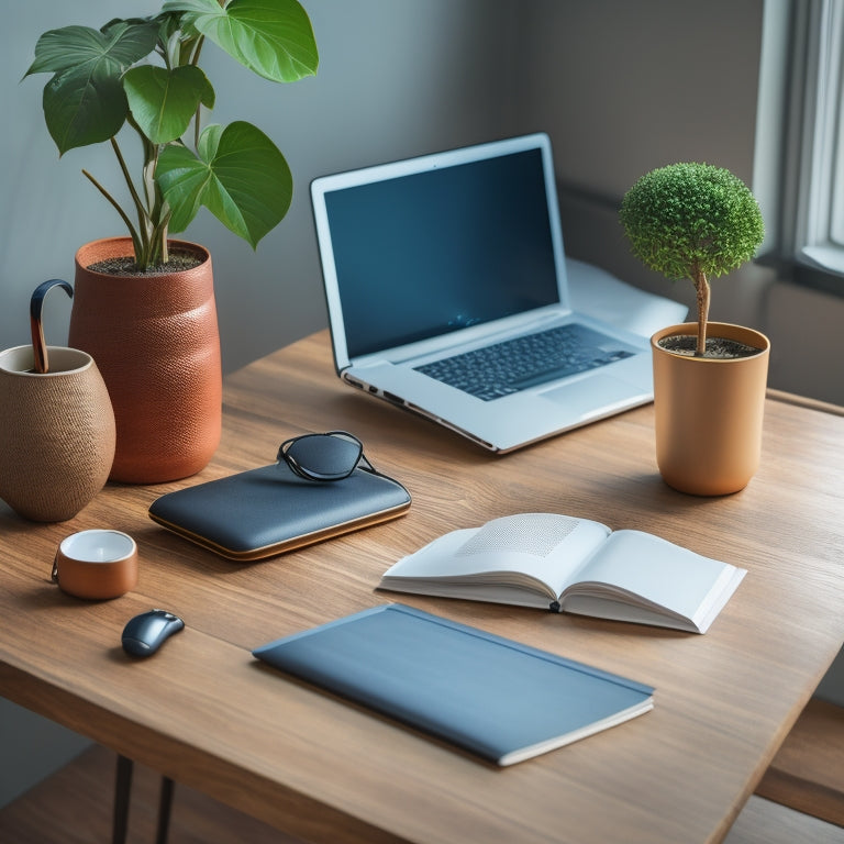 A minimalist desk with a sleek laptop, a tidy cable organizer, a small potted plant, a pair of wireless earbuds, and a single, leather-bound notebook, all arranged in a harmonious, clutter-free composition.