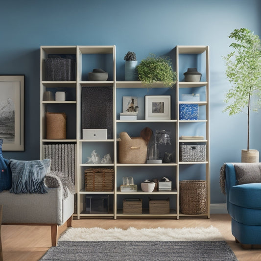 A serene, well-lit, modern living room with a wall-mounted, modular shelving unit holding labeled, color-coded storage bins and baskets, amidst a few, carefully-placed decorative items.