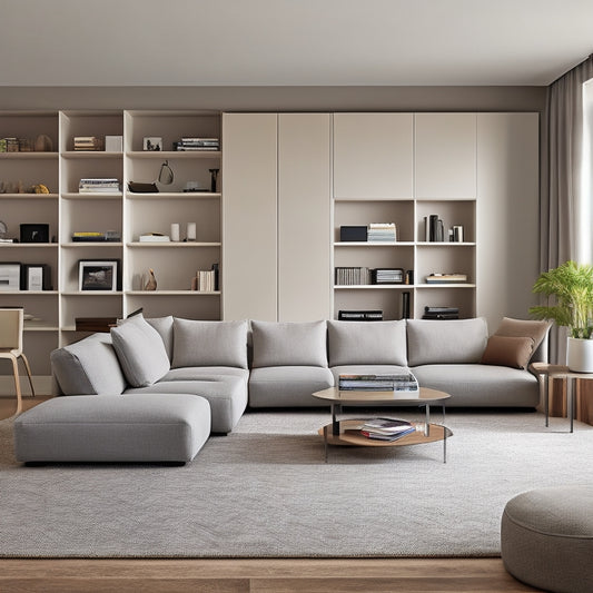 A modern, minimalist living room with a sleek, low-profile sectional sofa featuring built-in storage compartments, ottomans with lift-top lids, and a floor-to-ceiling bookshelf with hidden drawers.