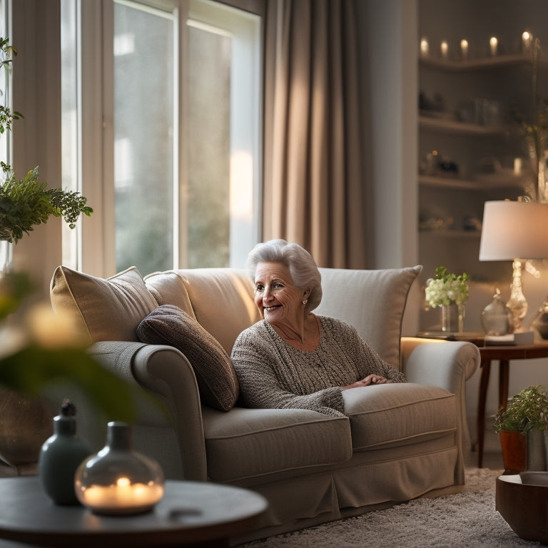 A serene, well-lit living room with a senior adult softly smiling, surrounded by minimalist decor, a few cherished mementos, and neatly organized shelves, conveying a sense of calm and control.