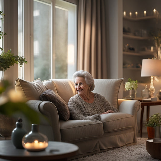 A serene, well-lit living room with a senior adult softly smiling, surrounded by minimalist decor, a few cherished mementos, and neatly organized shelves, conveying a sense of calm and control.