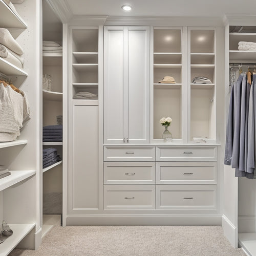 A serene, well-lit walk-in closet with creamy white walls, warm wood accents, and a soft gray carpet, featuring a custom storage system with sleek, adjustable shelves and drawers in a polished chrome finish.