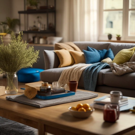 A tidy living room with a few cleaning supplies on a coffee table, surrounded by a partially filled-in worksheet with checkboxes and tidy notes, and a few freshly cleaned decorative items nearby.