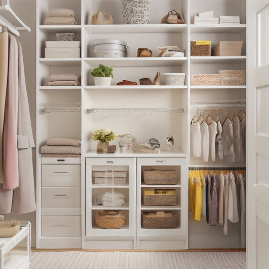 A tidy, white closet interior with wooden shelves and rods, featuring colorful, neatly printed labels on bins, baskets, and shelves, with a few outfits and accessories organized within.