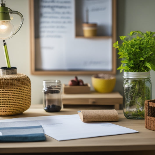 A tidy, minimalist workspace with a repurposed wooden crate turned desk organizer, a mason jar filled with colorful pens, and a corkboard with neatly arranged notes and photos.