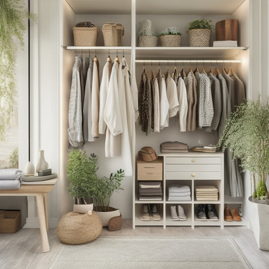 A serene, well-lit closet with a neutral color palette, featuring a mix of open shelving, drawers, and hanging rods, with neatly organized clothing, shoes, and accessories, surrounded by plants.