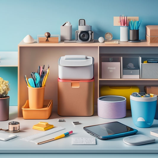 A clutter-free desk with multiple, neatly organized gadget storage containers in various shapes and sizes, each holding different devices and accessories, with a subtle gradient background.