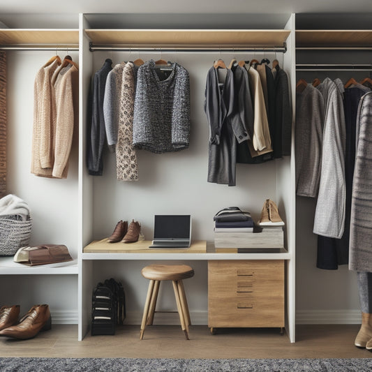 A tidy closet interior with a laptop on a shelf, a smartphone on a hook, and a tablet mounted on the wall, surrounded by organized clothing, shoes, and accessories, with a subtle grid pattern in the background.