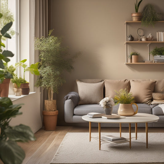 A serene, well-lit living room with a minimalist aesthetic, featuring a neatly organized bookshelf, a decluttered coffee table, and a few potted plants against a calming beige background.