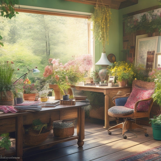 A serene, sunlit studio with half-finished craft projects, colorful fabrics, and scattered art supplies, surrounded by lush greenery and blooming flowers, with a wooden desk and a comfortable armchair in the center.