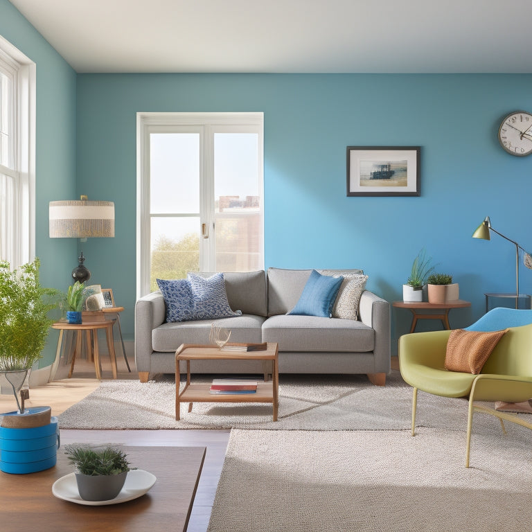 A serene, uncluttered living room with a few boxes in the corner, a laptop open on a coffee table, and a calendar on the wall with moving dates highlighted in bright colors.