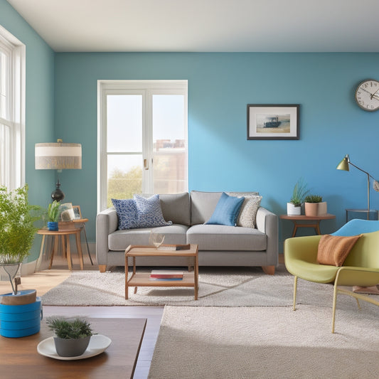 A serene, uncluttered living room with a few boxes in the corner, a laptop open on a coffee table, and a calendar on the wall with moving dates highlighted in bright colors.
