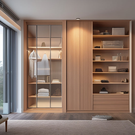 A sleek, minimalist closet with sliding glass doors, illuminated shelves, and a built-in wooden dresser, set against a backdrop of a modern, open-plan living area with large windows.