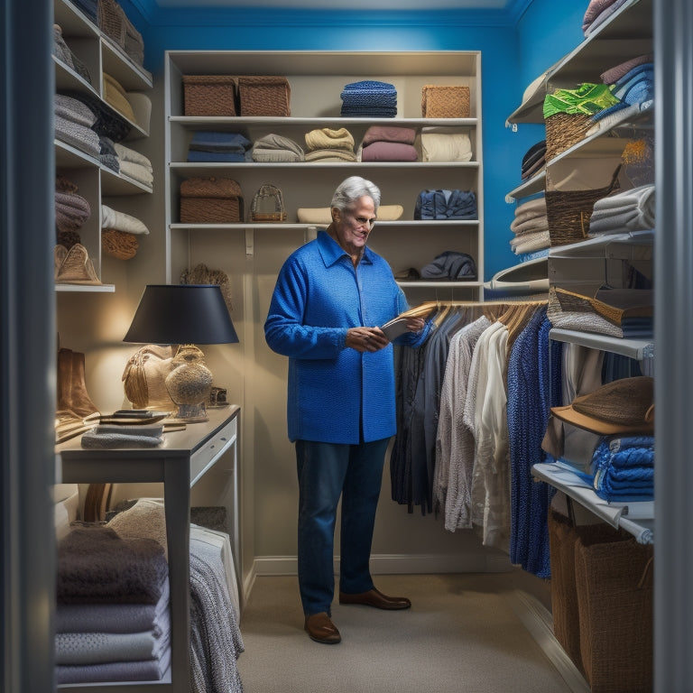 A serene, well-lit, walk-in closet with a senior adult in the background, surrounded by organized clothing and shelves, interacting with a tablet mounted on a pedestal, displaying a digital closet app.