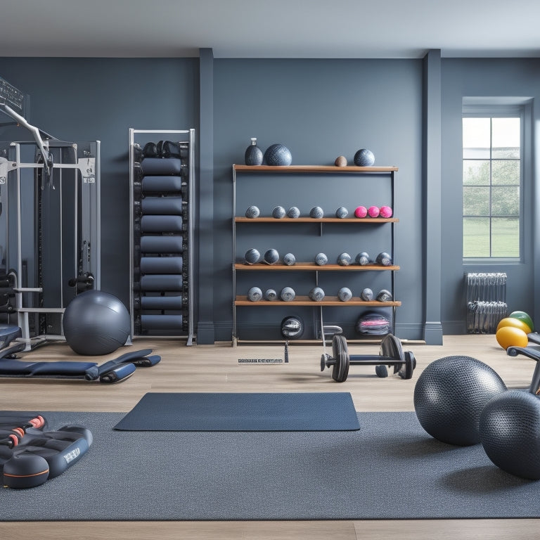 A tidy, modern gym room with a sleek, gray storage cabinet in the center, holding neatly arranged dumbbells, resistance bands, and workout mats, surrounded by a few motivational fitness props.