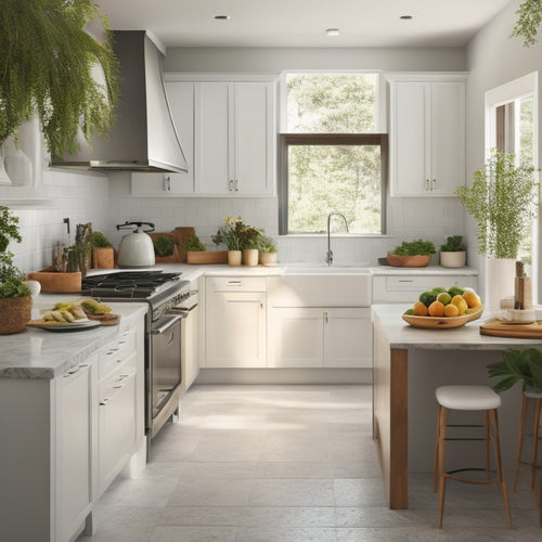 A serene island with a built-in pot and pan organizer, featuring a sleek, modern kitchen with stainless steel appliances, marble countertops, and a wooden cabinetry with neatly arranged cookware.