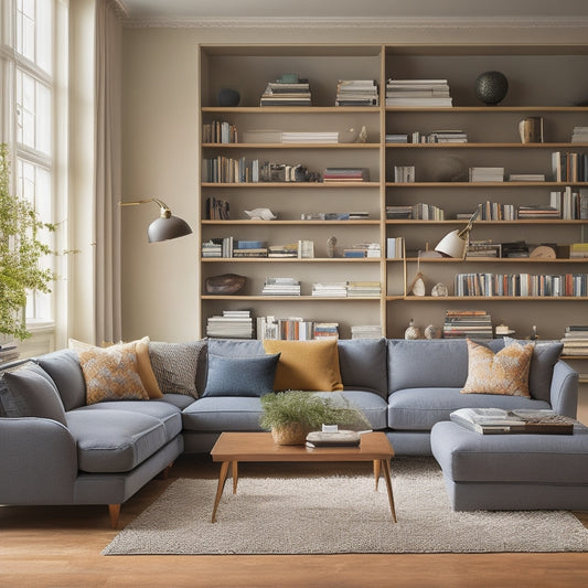 A serene, clutter-free living room with a minimalist sectional sofa, a sleek coffee table, and a floor-to-ceiling bookshelf with neatly arranged books and decorative objects.