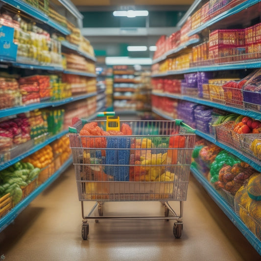 A cluttered shopping cart filled with various utensil holders, including baskets, containers, and hooks, with a blurred background of a grocery store aisle, highlighting the organizational chaos.