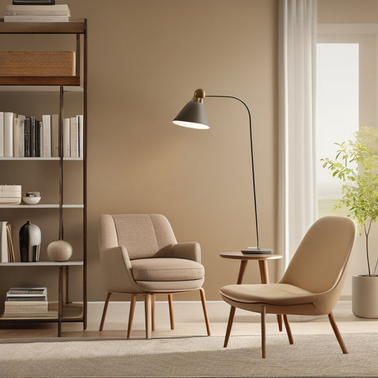 A minimalist living room with a sleek, compact folding chair in the foreground, surrounded by a small coffee table, a floor lamp, and a bookshelf, all in a neutral color palette.