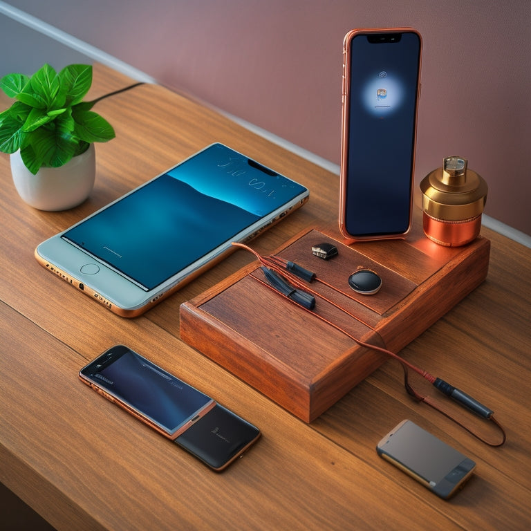 A modern, minimalist desk setup with a DIY charging hub made from a wooden box, adorned with copper accents and holding three sleek smartphones, surrounded by neatly organized cables and a few decorative pebbles.