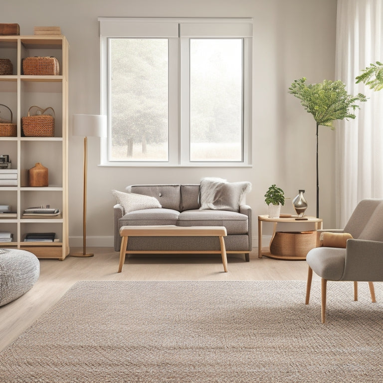 A serene, clutter-free living room with a stylish, minimalist bookshelf, a woven storage basket under a sleek coffee table, and a floor-to-ceiling shoe organizer behind a sliding panel.